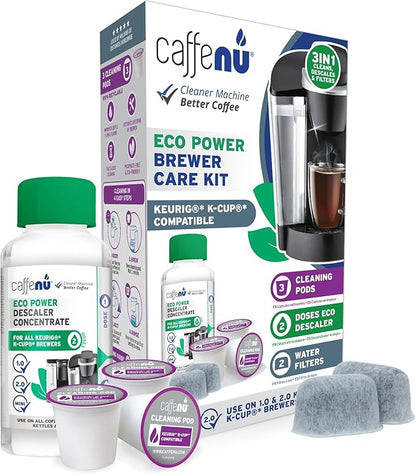 Caffenu Keurig Compatible Descaling Solution Cleaner and Descaler Kit. 2 Uses Descaling Solution, 3 Cleaning Pods and 2 Filter Replacement. 3 Months Maintenance Kit. For Keurig 1.0 & 2.0