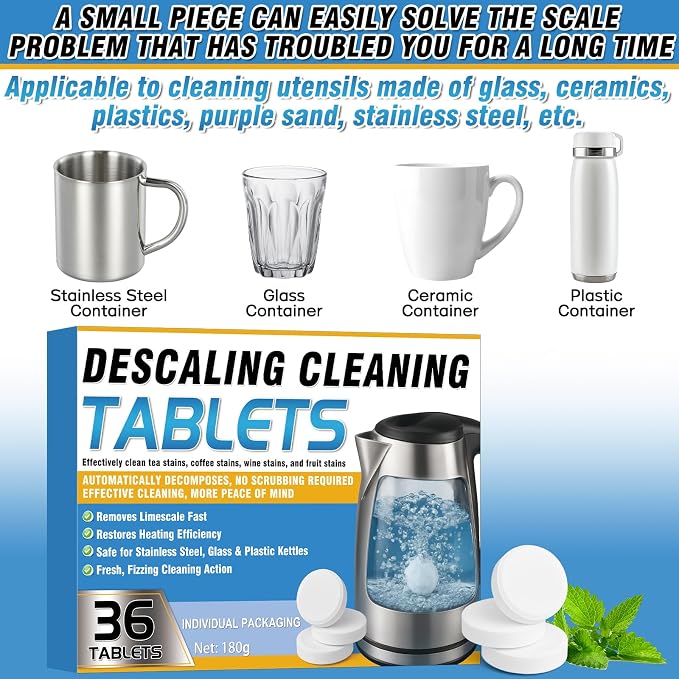 Kettle Descaler Tablet 36 Packs, Powerful Limescale Remover for Coffee Maker, Electric Kettle, Natural Citric Acid Formula, Hard Water Remover Tablets
