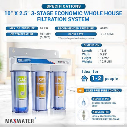 Max Water 3 Stage (Good for City & Cottage Water) 10 inch Standard Water Filtration System for Whole House - Pleated Sediment + Sediment + GAC - ¾ Inlet/Outlet - Model : WH-SC7