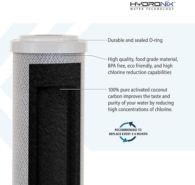 Hydronix CB‑25‑1005 Whole House Coconut Carbon Block Water Filter – 5-Micron Replacement Cartridge for RO & Drinking Water Systems | Standard 2.5 x 10 Inch Filter Housings | 6-Month Replacement