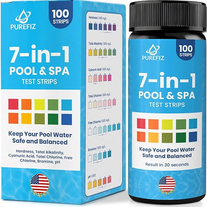 Pool & Spa Test Strips 7-in-1, 100 Strips for Pools, Hot Tubs & Saltwater Spas – Accurately Tests pH, Free & Total Chlorine, Bromine, Alkalinity, Hardness & Cyanuric Acid – Easy, 30-Second Results