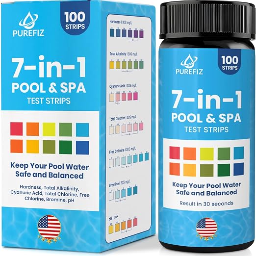 Pool & Spa Test Strips 7-in-1, 100 Strips for Pools, Hot Tubs & Saltwater Spas – Accurately Tests pH, Free & Total Chlorine, Bromine, Alkalinity, Hardness & Cyanuric Acid – Easy, 30-Second Results