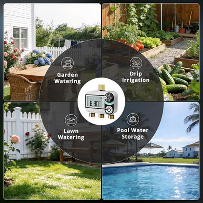 QUOBAS Brass Sprinkler Timer for Garden Hose, Programmable Water Timer | Rain Delay/Auto/Manual 3 Modes, Hose Timer for Hose Faucet with Child Lock, Waterproof Screen, 3 Zone Independent Watering