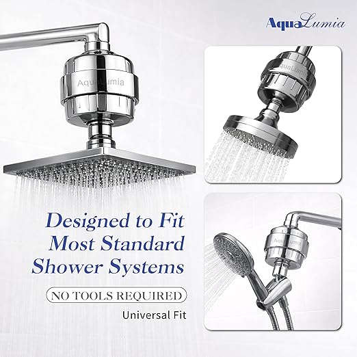 AquaLumia 22-Stage KDF-55 Advanced Shower Filter Set, 3 Replacement Cartridges - Infused with Vitamin C & E for Skin & Hair - High Output Hard Water Softener - Removes Chlorine, Heavy Metals