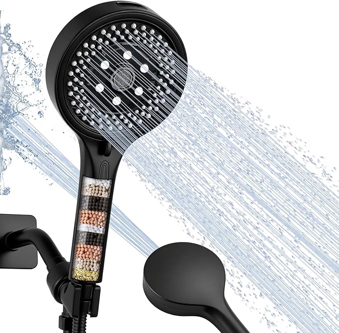 Filtered High Pressure 7-Function Shower Head with Handheld – 5.24" Spray Nozzles, 59" Stainless Steel Hose & Adjustable Shower Holder for Full Body Coverage Black