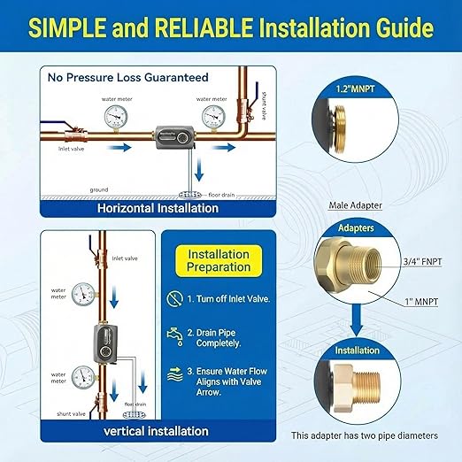 Whole House Reusable Spin Down Sediment Water Filter 40 Micron, Flushable Brass Pre-Filter for Well & City Water, Water Hammer Protection, Easy Horizontal/Vertical Install, 1" MNPT + 3/4" FNPT
