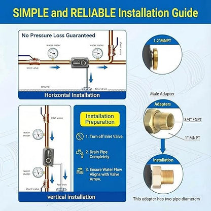 Whole House Reusable Spin Down Sediment Water Filter 40 Micron, Flushable Brass Pre-Filter for Well & City Water, Water Hammer Protection, Easy Horizontal/Vertical Install, 1" MNPT + 3/4" FNPT