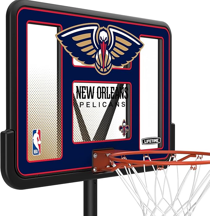 Lifetime NBA New Orleans Pelicans Portable Basketball Hoop, Adjustable Height 7.5-10 Ft, 44 Inch Shatterproof Fusion Backboard, Base with Wheels