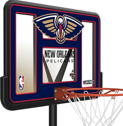 Lifetime NBA New Orleans Pelicans Portable Basketball Hoop, Adjustable Height 7.5-10 Ft, 44 Inch Shatterproof Fusion Backboard, Base with Wheels