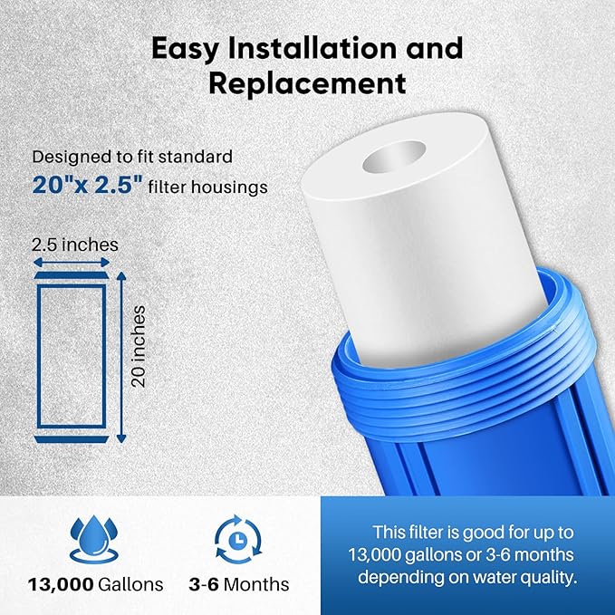 PUREPLUS 5 Micron 20" x 2.5" Whole House Sediment Home Water Filter, 20-inch Sediment Pre-Filtration, Replacement Cartridge Aqua Pure AP110-2C, Pentek P1-20/SP-P1-20/PX01-20, 6Pack