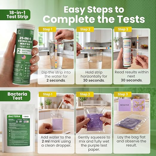 21-in-1 Drinking Water Test Kit – 120 Strips + 2 Bacteria Tests – Easy DIY Testing for Tap, Well & Spring Water – Tests Lead, Fluoride, Iron, Hardness, pH, Chlorine, Copper, Bacteria & More