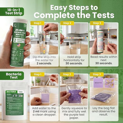 21-in-1 Drinking Water Test Kit – 120 Strips + 2 Bacteria Tests – Easy DIY Testing for Tap, Well & Spring Water – Tests Lead, Fluoride, Iron, Hardness, pH, Chlorine, Copper, Bacteria & More