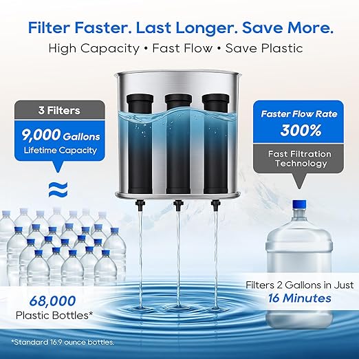 LCF 𝐒𝐢𝐥𝐯𝐞𝐫 𝐈𝐨𝐧𝐬 Enhanced Gravity Water Filter System, Reliable Alternative to Berkey Water Filter System, NSF/ANSI 42&372 Standard, Reduces 99% Chlorine, 6 Filters, Water Level Spigot, 3Gal
