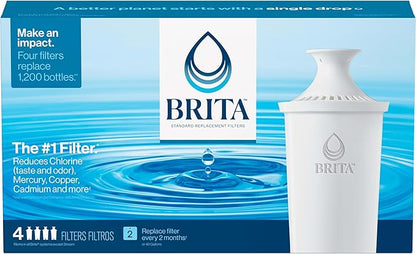 Brita Standard Water Filter for Pitchers and Dispensers, BPA-Free, Reduces Copper, Cadmium and Mercury Impurities, Lasts Two Months or 40 Gallons, Includes 4 Filters for Pitchers