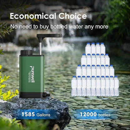 Purewell Stainless Steel Water Filter Pump with Replaceable Carbon 0.01 Micron Water Filter, 3 Filter Stages, Portable Outdoor Emergency and Survival Gear - Camping, Hiking, Backpacking(Green)