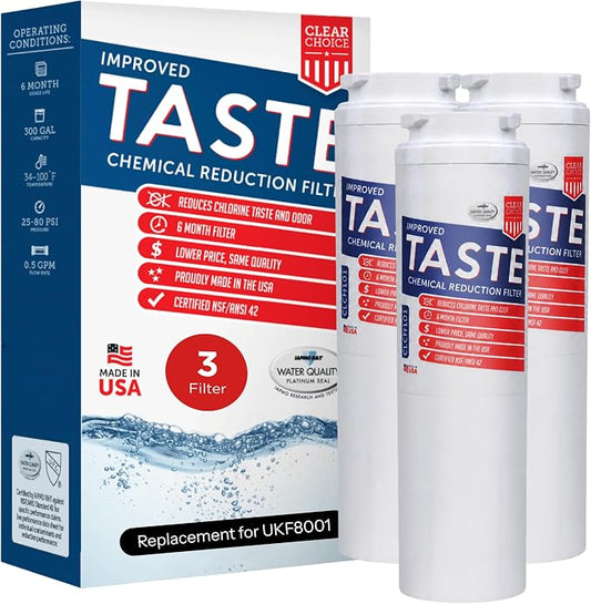 Clear Choice Taste Filter Replacement for Whirlpool UKF8001 WF50 Filter Compatible with EDR4RXD1 EFF-6013A FILTER4A FILTER4 Refrigerator Water Filter, NSF/ANSI 42, Box of 3, Made in the USA