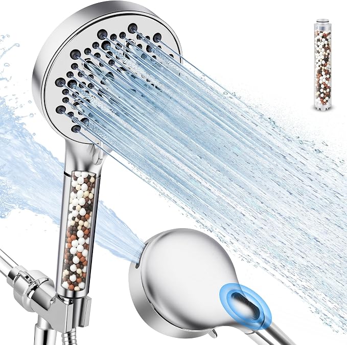 Filtered Shower Head with Handheld, High Pressure 7-Spd Detachable Chrome Showerhead with Stainless Hose, Water Softener Filter Beads for Hard Water - Remove Chlorine, Reduce Dry Itchy Skin