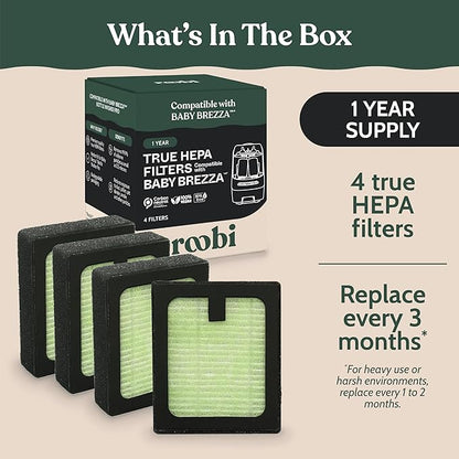 Roobi Hepa Filters Compatible with Baby Brezza. Specially Formulated for Washer Pro. 4 Carbon Neutral Replacement Pack.