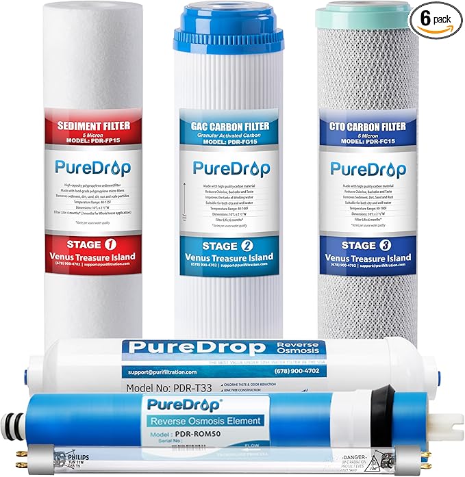 PureDrop PDR-F6U Replacement Reverse Osmosis Water Filter Set for 6-Stage Under-Sink Water Filtration Systems with UV light Filter