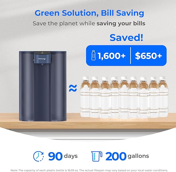 Waterdrop ED04B-L Mega Electric Water Filter Dispenser, Large 27-Cup, 200-Gallon Rechargeable Instant System, NSF/ANSI 42&53&401&372, Reduce PFOA/PFOS, Lead, Chlorine, Does not Lower TDS, Blue