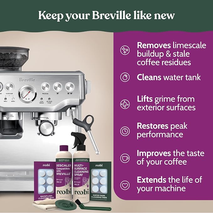 Roobi Espresso Complete Cleaning Kit Compatible with Breville | Descaling Solution, Espresso Cleaning Tablets, Water Tank Tabs, Multi-Surface Cleaner, 54mm Disc, Brush & Cloth