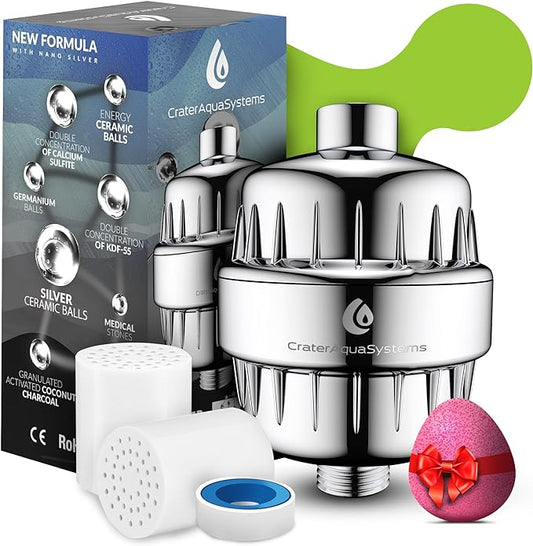 Shower Filter with Silver layer - Multi Stage shower head for Hard Water - Remove Chlorine Fluoride Lead - 2 Cartridge Replacement - High Output Water Softener - Suitable for All Rain Showerheads