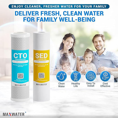 Max Water 5 Micron Replacement Water Filter Set 10” x 2.5” Sediment & Carbon Block (PP + CTO), 12 Pack