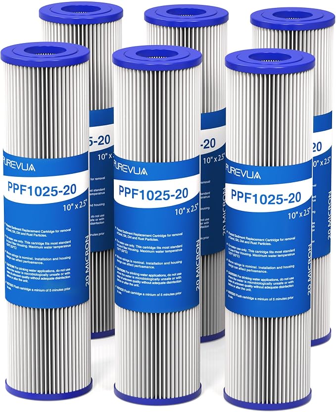 6-Pack 20 Micron Pleated Water Filter Cartridge, 10" x 2.5" Washable & Reusable PET Sediment Filter for Well Water & Whole House Pre-Filter, Compatible with WFPFC3002, WHKF-WHPL, AO-WH-PRE-RP2