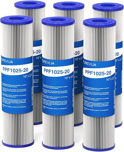 6-Pack 20 Micron Pleated Water Filter Cartridge, 10" x 2.5" Washable & Reusable PET Sediment Filter for Well Water & Whole House Pre-Filter, Compatible with WFPFC3002, WHKF-WHPL, AO-WH-PRE-RP2