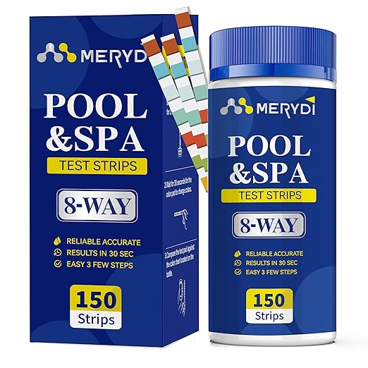 8-Way Pool Salt Test Strips,150 Strips Pool and Hot Tub Test Strips,Accurate Test Salt Bromine,Total Alkalinity,pH,Free Chlorine,Total Hardness, etc Pool Test Strips for Salt Water Testing Kit