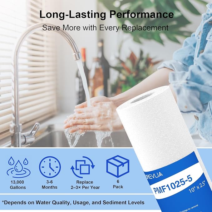 5 Micron 10" x 2.5" Sediment Filter, Whole House Water Filter Cartridge Replacement for Any 10 inch RO Unit, Compatible with Culligan P5, GE FXUSC, WFPFC5002, AP110, WHKF-GD05, Pack of 6