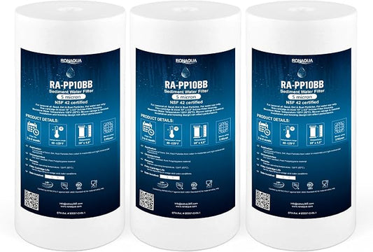 Ronaqua 10" x 4.5" Big Sediment Replacement Water Filter Cartridge, 5 Micron, NSF Certified, for Whole House, Compatible with RFC-BBSA, W15-PR, WFHD13001B, GXWH35F, HF45-10BLBK10PR and AP817, 3 Pack