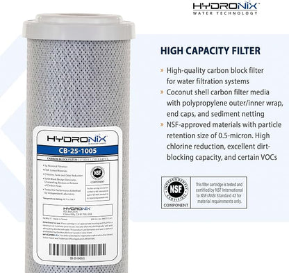 Hydronix CB‑25‑1005 Whole House Coconut Carbon Block Water Filter – 5-Micron Replacement Cartridge for RO & Drinking Water Systems | Standard 2.5 x 10 Inch Filter Housings (4 Pack)