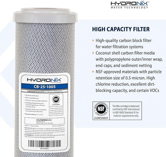 Hydronix CB‑25‑1005 Whole House Coconut Carbon Block Water Filter – 5-Micron Replacement Cartridge for RO & Drinking Water Systems | Standard 2.5 x 10 Inch Filter Housings (4 Pack)