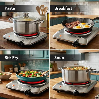 OVENTE Countertop Infrared Single Burner, 1000W Electric Hot Plate w/ 7.5” Ceramic Glass Cooktop, 6 Level Temperature Setting & Easy to Clean Base, Compact Stove for Home Dorm Office, Silver BGI201S