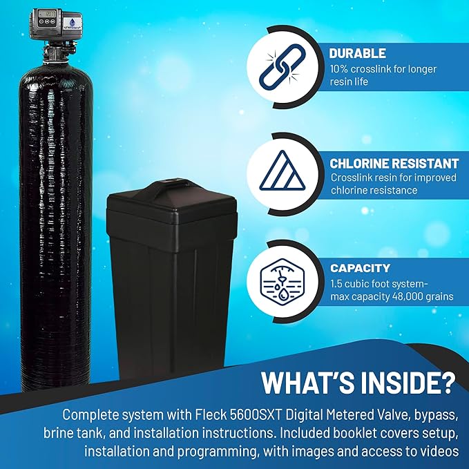 AFWFilters Premium Fleck 5600 SXT Meter Demand Water Softener - 48,000 Grain Capacity with 10% Long Life Crosslink Resin