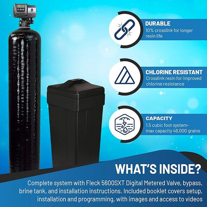 AFWFilters Premium Fleck 5600 SXT Meter Demand Water Softener - 48,000 Grain Capacity with 10% Long Life Crosslink Resin