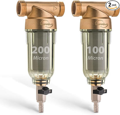 iSpring WSP2PK21 Reusable Whole House Spin Down Sediment Water Filters, Twin Pack with 200 Microns and 100 Microns Filter Sizes, Clear Housing, Lead-Free Brass