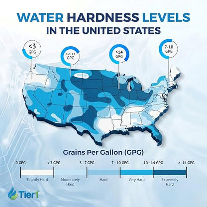 Tier1 48,000 Grain Water Softener & Chloramine Reduction Filter | Whole House 3-in-1 with Catalytic Carbon Filtration & Sediment Pre-Filter | Ideal for 3–4 Bathroom Homes | Metered Valve Control