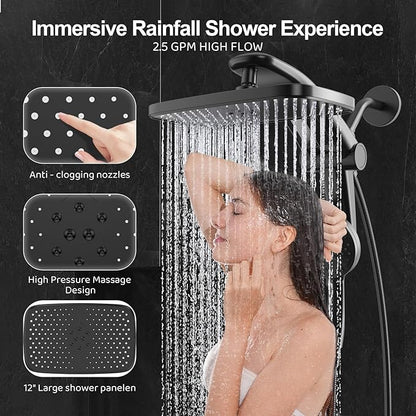 Rain Shower Head with Handheld High Pressure rainfall Shower Heads with Handheld Spray Combo Adjustable one-piece stand daul shower head Built-in Magnetic Docking and Power Jets-Black