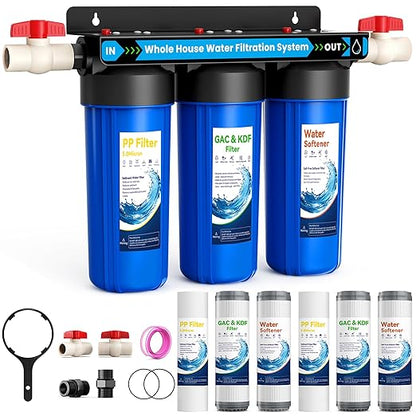 Whole House Water Filter System,3 Stage Whole Home Water Softener System, Reduces Chlorine Sediment Odor for Healthier Skin,Extra 2 Sets Filter Included, 1-2 Year Service Life,2 Valves & 3/4" Ports