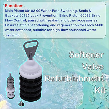 Softener Valve Refurbishment Kit Compatible with Fleck 5600,Includes Softener Main Piston 60102-00,Seals and Spacers 60125,Screws,Brine Piston 60032,And lower brine seal