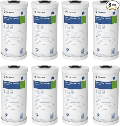 Pentair Pentek RFC-BB Big Blue Carbon Water Filter, 10-Inch, Whole House Heavy Duty Radial Flow Carbon Replacement Cartridge with Granular Activated (GAC), 10" x 4.5", 25 Micron, Pack of 8