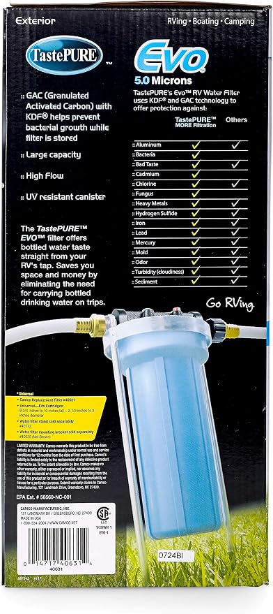 Camco Evo RV Water Filter Features Granulated Activated Carbon for Bacteria Control & a Replaceable Premium Spun Polypropylene Filter Cartridge Camper for Clean Drinking Water (40631) (Pack of 2)