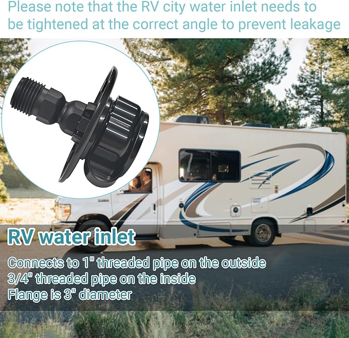 RV City Water Inlet Connection with Check Valve, RV City Water Fill Inlet for RV Camper Motorhome Trailer Marine, RV Water Flange Inlet Replacement (Black)
