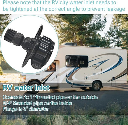 RV City Water Inlet Connection with Check Valve, RV City Water Fill Inlet for RV Camper Motorhome Trailer Marine, RV Water Flange Inlet Replacement (Black)