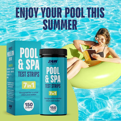 JNW 7-in-1 Pool Test Strips, 150 Quick & Accurate Test Strips for Pool Water, Spa Test Strips for Hot Tub, Chlorine Test Strips, Bromine, pH, Alkalinity, Hardness & More - Swimming Pool Test Kit