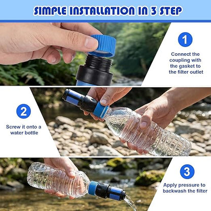 Gerrii 4 Pcs Water Filter Coupling Kit Compatible with SP150, 28 mm Threaded Filtration Couplings for Standard Plastic Bottles, Cleaning Couplers with Gasket Seals for Hiking, Camping (Blue)