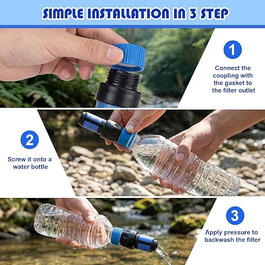 Gerrii 2 Pcs Water Filter Coupling Kit Compatible with SP150, 28 mm Threaded Filtration Couplings for Standard Plastic Bottles, Cleaning Couplers with Gasket Seals for Hiking, Camping (Blue)