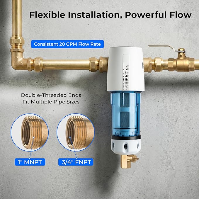 iSpring WSP100GR Reusable Spin Down Sediment Water Filter 100 Micron with Built-in Housing Scraper, 360° Rotatable Head, Pressure Gauge, Blue